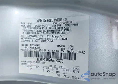 2008 Ford Focus Se/Ses from USA, damaged, VIN 1FAHP35N28W123978